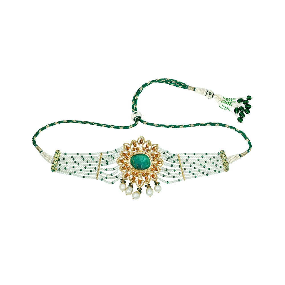Emerald and Polki Choker with Pearl strings and Drops